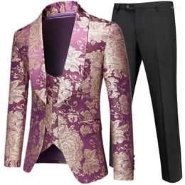 Men's Suits 3 Pcs Suit Set Blazers Jacket Pants Vest / 2023 Fashion Bronzing Pattern Big Collar Dress Coat Trousers Waistcoat