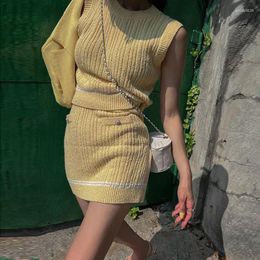 Work Dresses Knitting O-Neck Sleeveless Vest Buttons Mini Skirt Women's 2-Piece Set Summer Fall 2023 Korea Chic Sweet Fashion Outflits