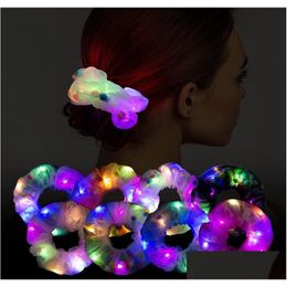 Stage Wear Led Cabelo Scrunchies Rave Headwear Light Up Neon Cetim Rabo de Cavalo Elástico Laços Luminosos Brilhantes Hairring para Mulheres Menina Birt Dhsis