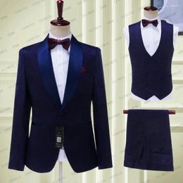 Men's Suits 2023 Arrival Men Blue Shawl Lape Jacquard Floral Groom Satin Lapel Groomsmen Wedding ( Jacket Pants Vest )