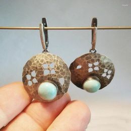 Dangle Earrings Bohemian Hollow Round Metal Natural Stone Tibetan Jewellery Antique Silver Colour Turquoises Drop