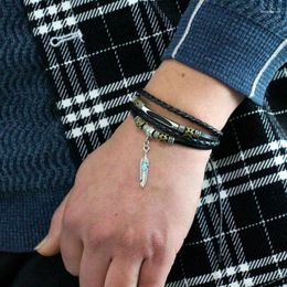 Charm Bracelets Couple Stainless Steel Bracelet Retro Feather Turquoise Pendant Creative Multi-layer Beaded Woven Leather