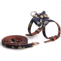 Dog Collars Canvas And PU Leather Cat Harness Set Fashion Floral Bow Adjustable Vest Walking Lead Leash For Small Dogs Chihuahua