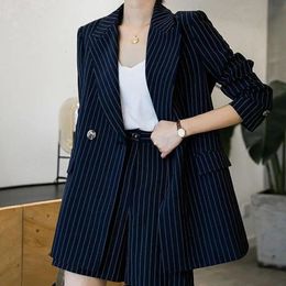 Women's Suits Blazers S-xl Womens Blazer Suits Spring Summer Female Long Coatpant 2pcs Sets Striped Shorts High Waist Business Ladies Outfits Hy95231023