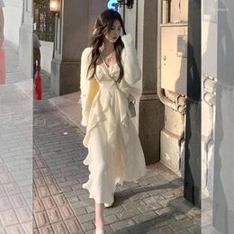 Casual Dresses Square Collar Long Sleeve Irregular Ruffles Fairy Elegance Gentle Apricot Women Autumn Medium Length