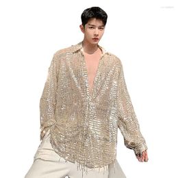 Men's Casual Shirts Men's Men See Through Long Sleeve Tassel Sequins Shirt Male Retro Fashion Streetwear Loose Dress Stage Show