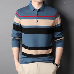 Men's Polos High End Cotton Polo Shirt Striped Colour Contrast Top Autumn Business Long Sleeve T-shirt Luxury Casual Wear