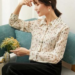 Women's Blouses Vertical Stripe Small Flower Top Women S Spring Dress 2023 Silk Shirt Mulberry Long