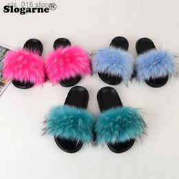 Furry House Slides Sandals Summer Women Raccoon Scarpe soffici Female Slifori in pelliccia in finta volpe per interni T231023 443