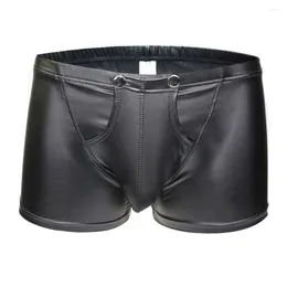 Underpants Men's Boxer Sexy Faux Leather Underwear Wet Look Nightclub Button Open Pouch Brief Shorts Pants Slip Homme Cueca