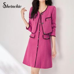 Work Dresses Luxury Designer Autumn Winter Clothes Korean Fashion Pink Plaid Tweed Jacket Mini Dress Two Piece Set Women Outfit 2023