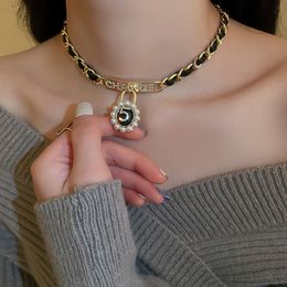 Diamond Studded Pearl Number 5 Leather Wrapped Necklace, Sweet and High-end Light Temperament, Sweater Collarbone Necklace