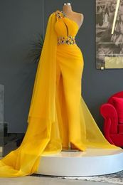 2023 OCT ASO EBI EBI Arábico Amarelo Mermaid Dress Dress Renda Festa de miçangas Evening Festa formal Segunda recepção Vestidos de noivado de aniversário Vestidos Robe de Soiree ZJ334