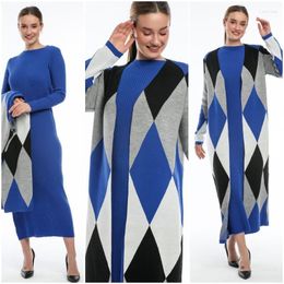 Ethnic Clothing 2 Piece Women's Knitted Maxi Winter Set Long Sleeve Knitwear Dress And Diamond Colored Pattern Cardigan Muslim Fashion