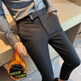 Men's Suits Plus Size 38 36 Winter Thick Warm Striped Dress Pants for Business Formal Wear Slim Fit Casual Office Trousers
