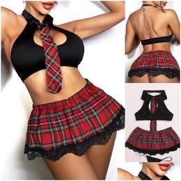 Bras Sets 2023 Sexy Lingerie British Style Vest Lace Plaid Skirt Tie Open Bra Thongs Sm Cosplay School Girl Erotic Set Drop Delivery Dhljd