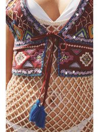 Women's Tanks Amoi Tribal Ethnic Style V-neck Wide Shoulder Strap Color Matching Beaded Embroidery Bowknot Tassel Vest Top