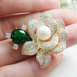 Brooches Pendant Gorgeous Rose Flower Green Zircon Crystal Woman's Brooch Pin Corsage