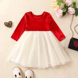 Girl Dresses FOCUSNORM 1-7Y Christmas Kids Girls Princess Dress Velvet Long Sleeve Mesh Lace Tulle Patchwork Tutu With Bow