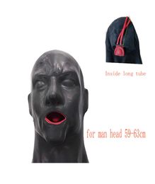 3D Latex Hood Rubber Mask Closed Eyes Fetish with Red Mouth Gag Plug Sheath Tongue Nose Tube Long and Short for Men 2207155411583