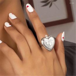 Cluster Rings Fashion Sweet Cute Opening Design Po Ring Simple 3 Color Metal Heart-Shaped For Women Memory Jewelry Gifts
