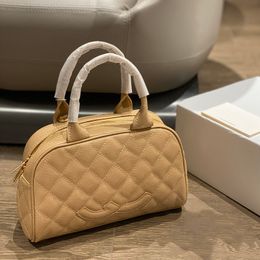 Womens Designer Vintgae Caviar Leather Beige Bowling Bags Top Handle Totes Large Capacity Outdoor Sacoche Pocket Luxury Brown Handbags 25x7x15cm