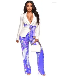 Women's Two Piece Pants 2pcs Set Sashes Waist Blazer And Prints Straight Leg Trousers Suit Office Ladies Sexy Night Club Party Outfits
