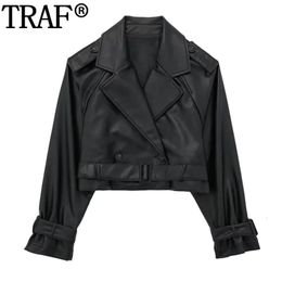 Women's Leather Faux Leather TRAF Cropped Black Jacket Woman Windbreaker Faux Leather Jacket Women Long Sleeve Trench Coat For Women Y2k Belt In Jackets 231023