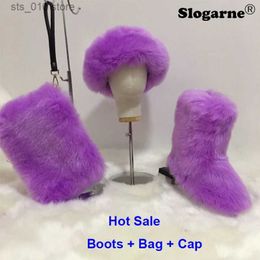 Boots Women's Faux Fox Fur Boots Fur Bag Fur Cap Hat Winter Fashion Sets Female Luxury Furry Snow Boots Plush Warm Shoes Fluffy Bottes T231023