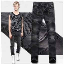 Men's Jeans Wholesale-Dark Grey High Quality Men Slim Motorcycle Moto Biker Designer Fashion Brand Thick Cotton Denim Cargo Pants Heat22