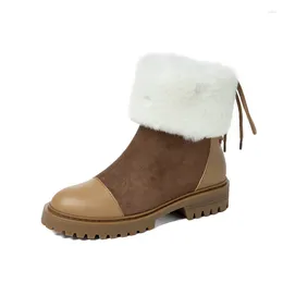 Boots 2023 Winter Chunky Snow Women Suede Leather Warm Plush Platform Ankle Fur Lace UP Fashion Ladies Booties Thick Heels