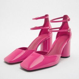 Dress Shoes Patent Leather Mary Janes Shoes Women High Heels Square Toe Buckle Starp Sexy Sandals Pink Office Ladies Pump Block Heeled Shoes 231023