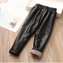 Trousers Kids Skinny Pencil Leggings 2023 Winter Warm 2 3 4 5 6 8 10 Years Children Thicken Velvet Fleece Pu Leather Pants For Baby Girls