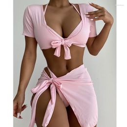 Women's Swimwear Women's 4 Piece Rib Knit Triangle Halter Swimsuit Knot Front Bikini Set Cute Bathing Suit With Cover Up