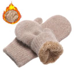 Five Fingers Gloves Winter Keep Warm Plus Cashmere Solid Elasticity Soft Full Fingers Mittens Gloves for Women Rabbit Fur Knitted Cute Gloves 231021