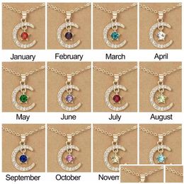 Pendant Necklaces New Style Moon Star Birthstone Pendant Necklace Wish Card For Women Crystal Gold Colour Clavicle Chain Mom Birthday J Dhd17