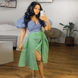 Work Dresses WUHE Striped Women Set Lantern Short Sleeve Wrap V-neck Blouse And High Side Slit Ruched Skirt 2023 Two 2 Piece Sexy Outfits