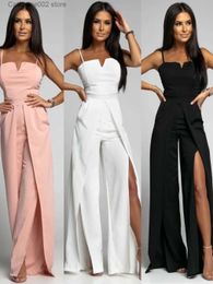 Women's Jumpsuits Rompers 2023 New Sexy Women One Piece Jumpsuit Wide Leg Pants Straight Waist Sleeveless Overalls Bodysuit Split V Neck Rompers Elegant T231023