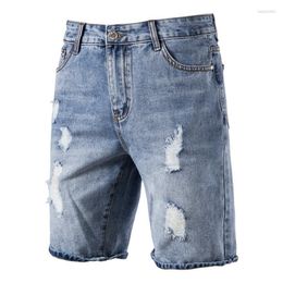 Jeans da uomo in cotone con foro corto da uomo Casual Streetwear a vita media pantaloncini in denim tinta unita per pantaloni da uomo estivi blu