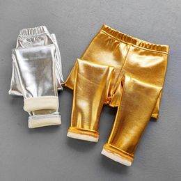 Byxor Kidskläder Autumn Winter Glossy Metallic Fleece Plus Thicken Pants For Girls Warm Leggings Children Slim Trousers Silvery Gold 231023