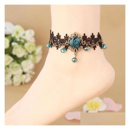 Anklets 2021 European And American Retro Fashion Foot Chain Beautif Rose Black Lace Sexy Jewellery Wholesale Drop Delivery Dhrqj