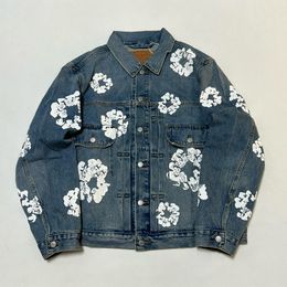 Jaqueta trucker jeans masculina FALECTION 23fw com coroa de flores escura, casaco de algodão com desgaste de rasgo