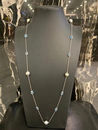 Pendants Long Chain Necklace 18K White Gold Natural Tahitian Pearl And Topaz Genuine Luxury Jewelry Fine Women 72CM