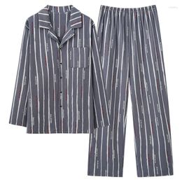 Men's Sleepwear Big Size L-3XL Autumn Knited Cotton Pyjamas Set Men Long Sleeve Striped Night Suits Pijamas Homewear