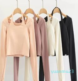 Yoga clothing with chest pad women autumn and winter hanging neck sports longsleeved professional Pilates training fitness