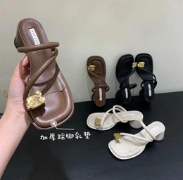 Slippers 2023 Women's Gold Metal Decoration Fashion Flip Flops Round Chunky Heel Sandals Dress .