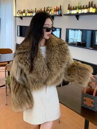 Natural Raccoon Dog Fur Short Jackets Woemn Autumn Winter Streetwear Lapel Långärmad tunn mysig Raccoon Dog Pälsrockar