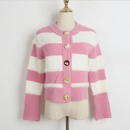 1015 2023 Autumn Womens Sweater Long Sleeve Cardigan Blue Pink Crew Neck Cardigan Fashion Striped Clothes mei