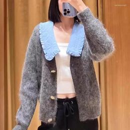 Women's Knits Early Autumn Winter Splicing Doll Collar Mohair Blended Knitted Women Sweater Cardigan Coat