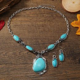 Necklace Earrings Set Vintage Irregular Turquoises Stone Pendant Necklaces For Women Bohemian Statement Party Jewelry Gift Tribal
